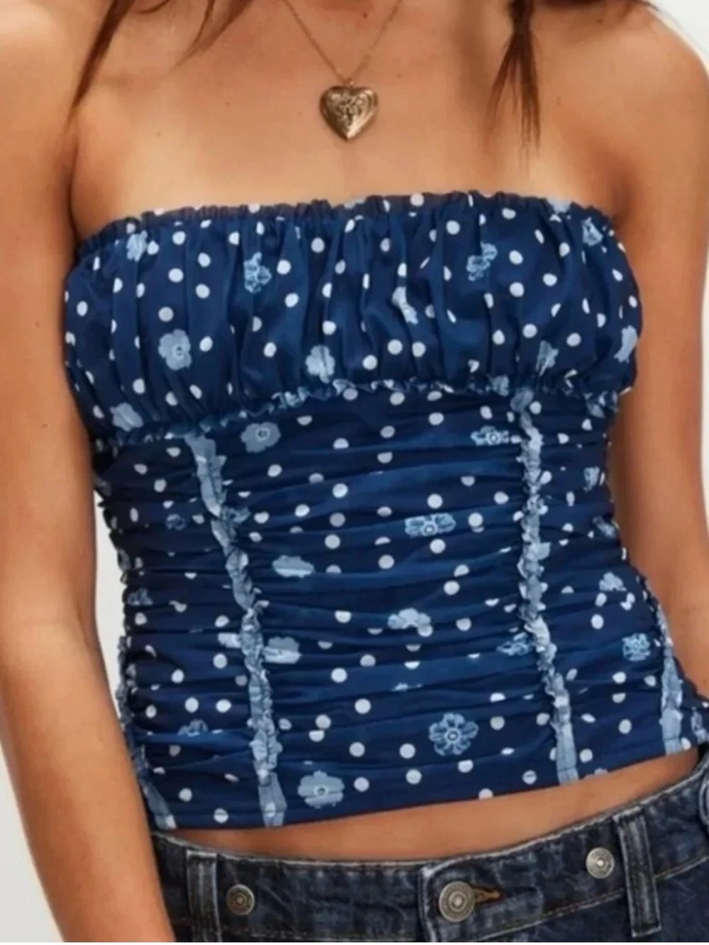 New Free People Scottie printed tube top strapless in pageant blue sz SP